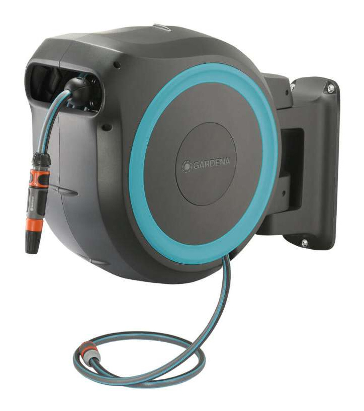 Wall-Mounted Hose Box RollUp M/L turquoise, Plastic, assembled, 25m 13mm (1/2"), Set (1.5 m connecting hose 13mm (1/2"), 1x 18200, 1x 18201, 1x 18202, 1x 18215, 1x 18213, 1x 18300)