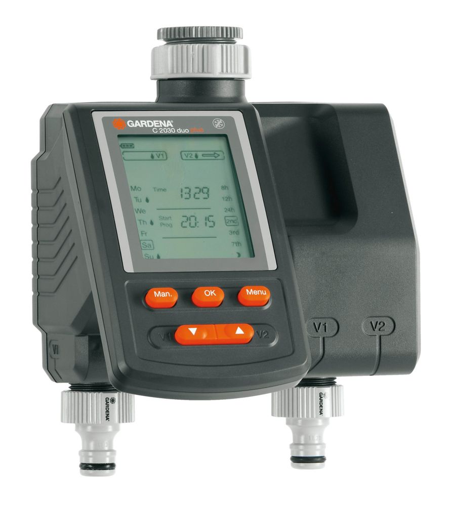 Water Computer MultiControl duo 2 programmable outlets, watering duration 1 min. - 3 h 59 min. each, connection for Soil Moisture or Rain Sensor each, for taps with 26,5 mm (G 3/4) or 33,3 mm (G 1) thread